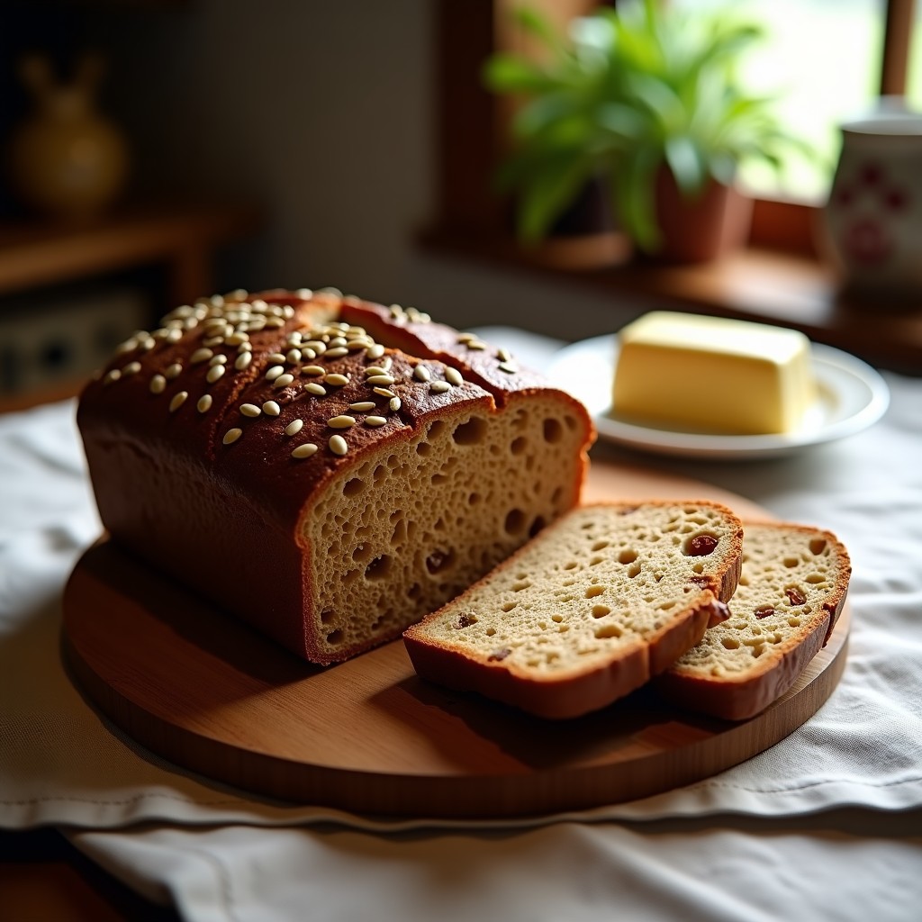 Pan de centeno keto recién horneado con semillas de girasol doradas y pasas rubias, cortado en rebanadas gruesas sobre tabla de madera rústica, receta alemana sin lactosa.