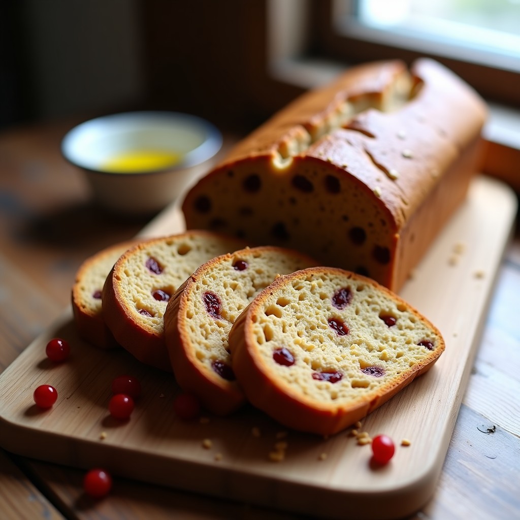 Pan de centeno keto recién horneado con semillas de lino dorado y pasas de arándanos rojos, cortado en rebanadas gruesas sobre tabla de madera rústica. Textura esponjosa y dorada, ideal para desayuno escandinavo.