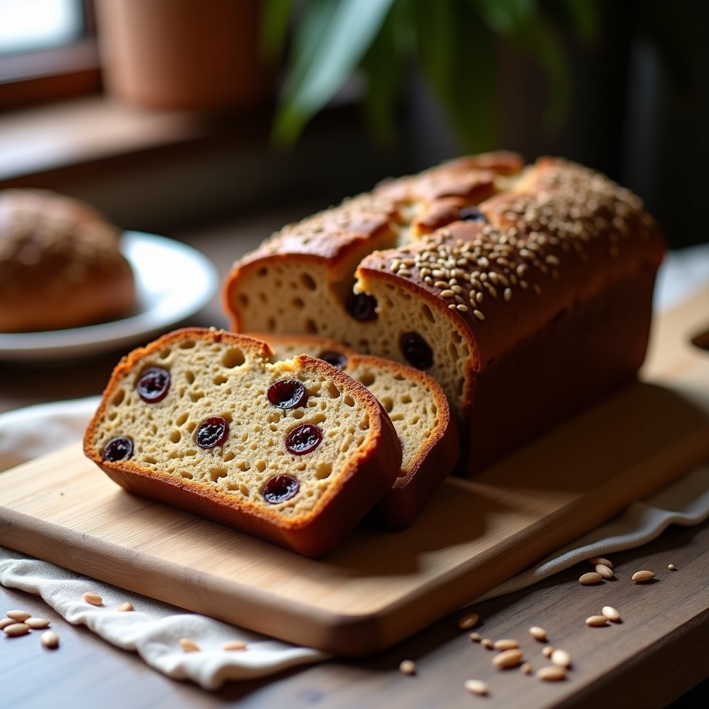 Pan de centeno sin gluten recién horneado con semillas de lino dorado y pasas rubias, cortado en rebanadas gruesas sobre una tabla de madera rústica, con textura esponjosa y costra dorada.