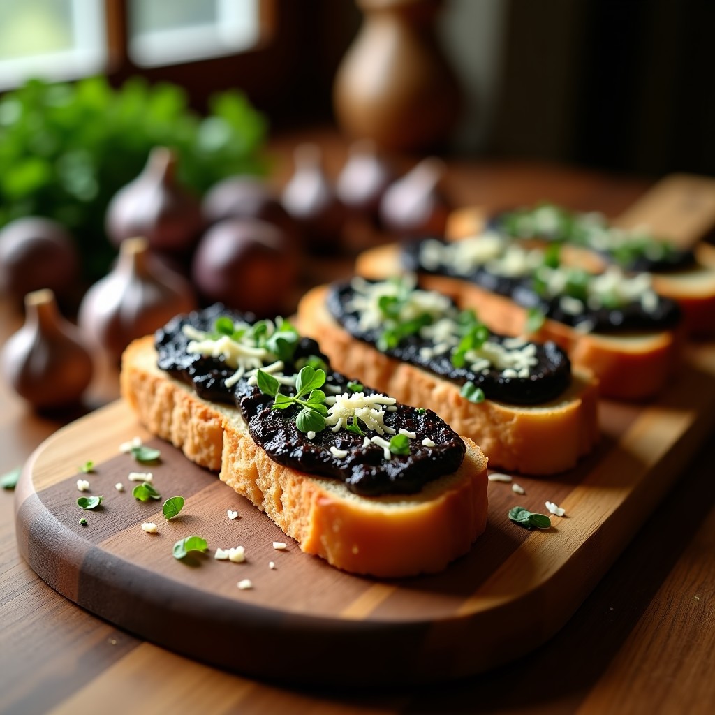 Rebanadas de pan rústico doradas al horno, untadas con una mezcla cremosa de ajo negro y mantequilla, espolvoreadas con perejil fresco y queso parmesano rallado, servidas en una tabla de madera.