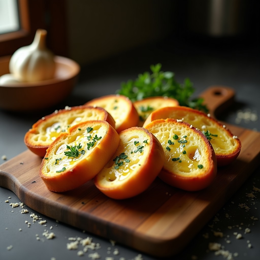 Rebanadas doradas de pan de ajo trufado en airfryer, con mantequilla derretida, ajo picado y perejil fresco, servidas en una tabla de madera rústica.