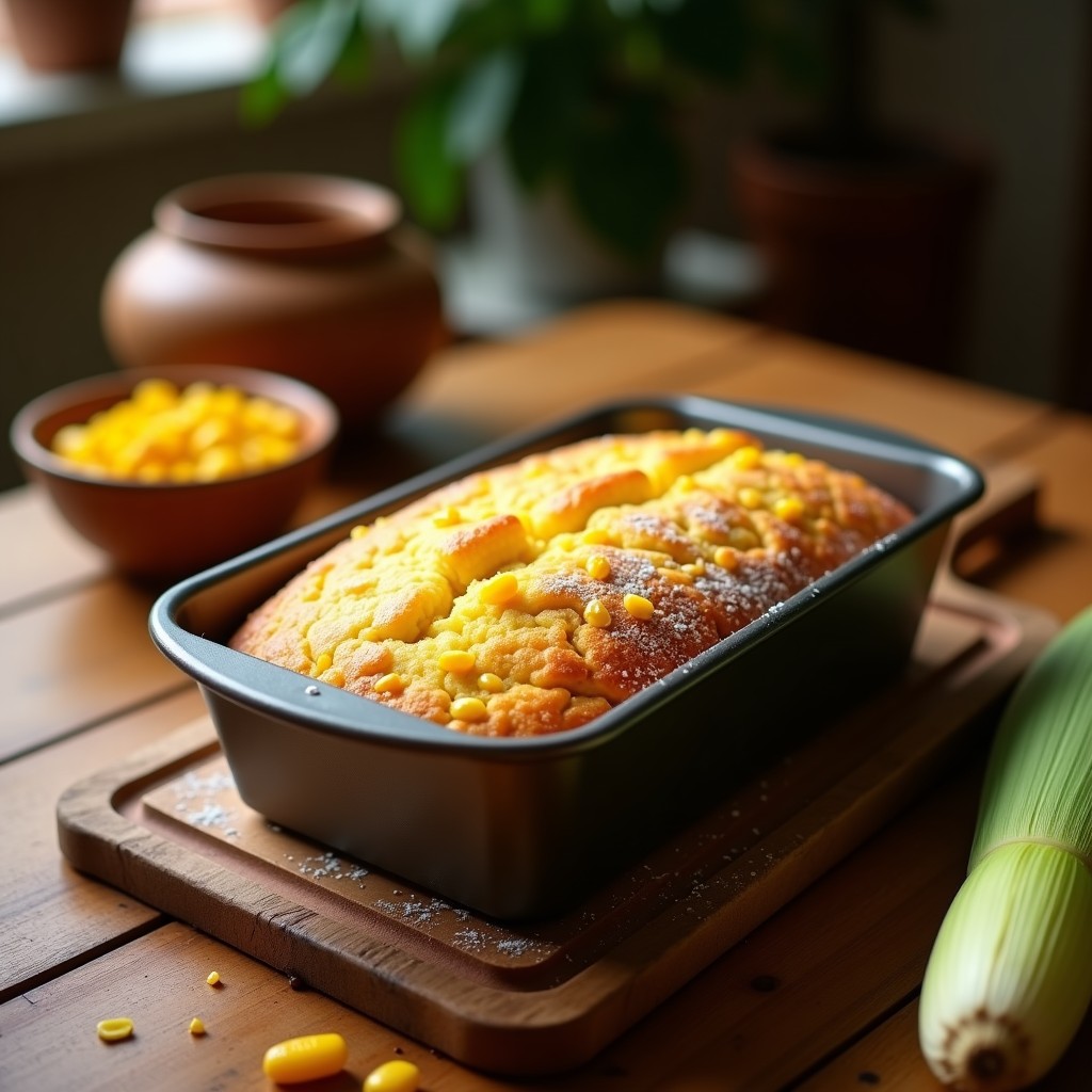 Pan de elote mexicano dorado y esponjoso en molde rectangular, con granos de maíz visibles, servido en tabla de madera rústica con rodajas cortadas.