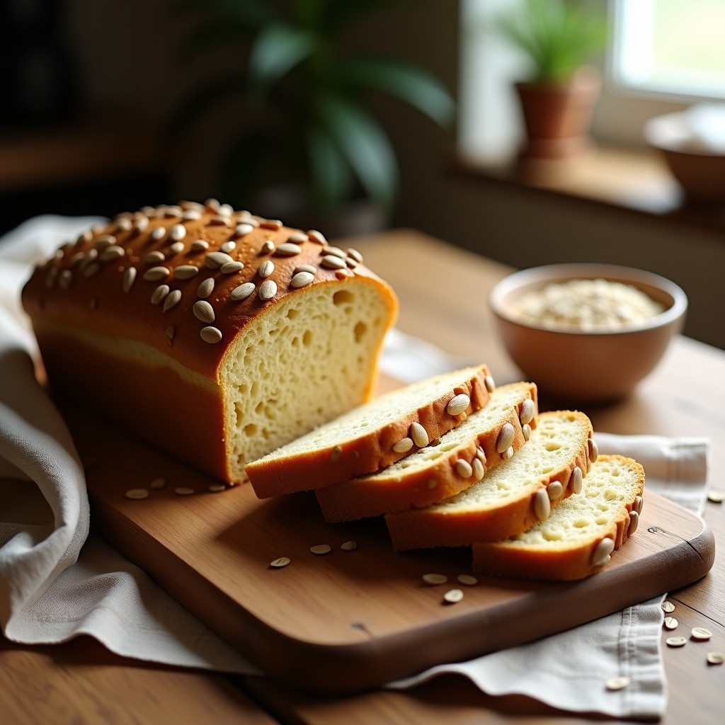 Pan de molde integral sin harina recién horneado, con corteza dorada y semillas de girasol por encima, cortado en rebanadas sobre una tabla de madera rústica.