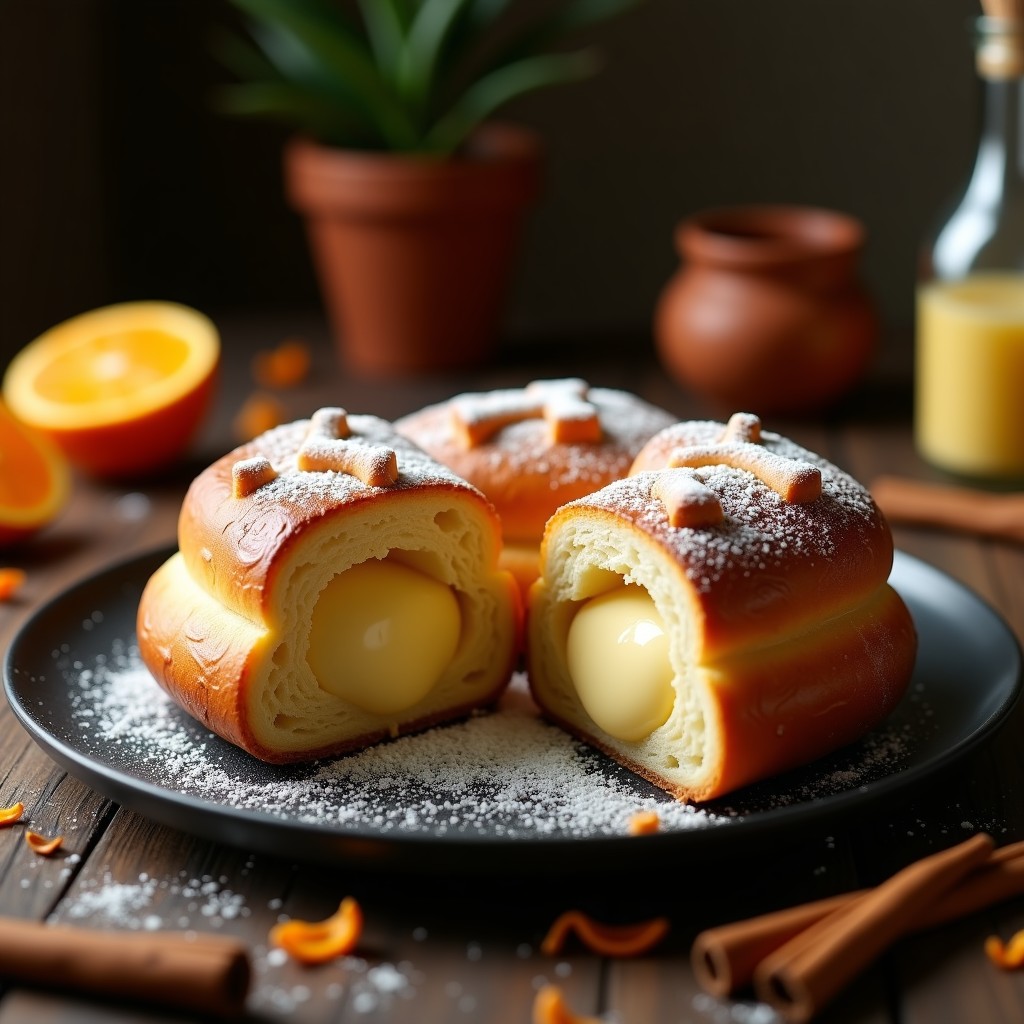 Pan de muerto tradicional relleno de crema pastelera, decorado con formas de huesos y lágrimas, espolvoreado con azúcar y con un brillo dorado en la superficie.