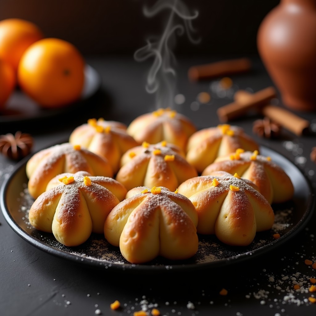 Pan de muerto vegano recién horneado, dorado y esponjoso, decorado con azúcar glass y formas de huesos cruzados, sobre un mantel negro tradicional mexicano.