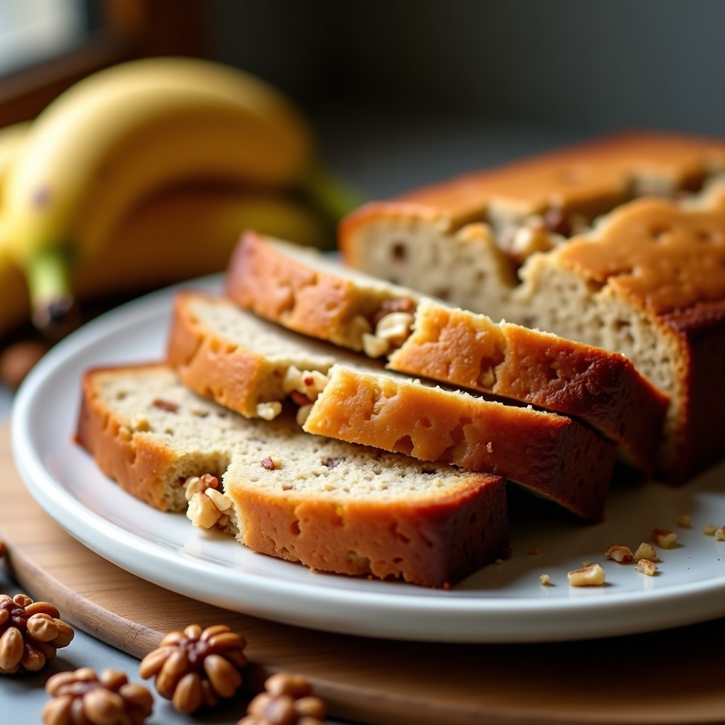 Pan de plátano proteico cortado en rebanadas gruesas, con trozos de nueces visibles, servido en un plato blanco rústico sobre una tabla de madera. Receta sin horno y alta en proteína.