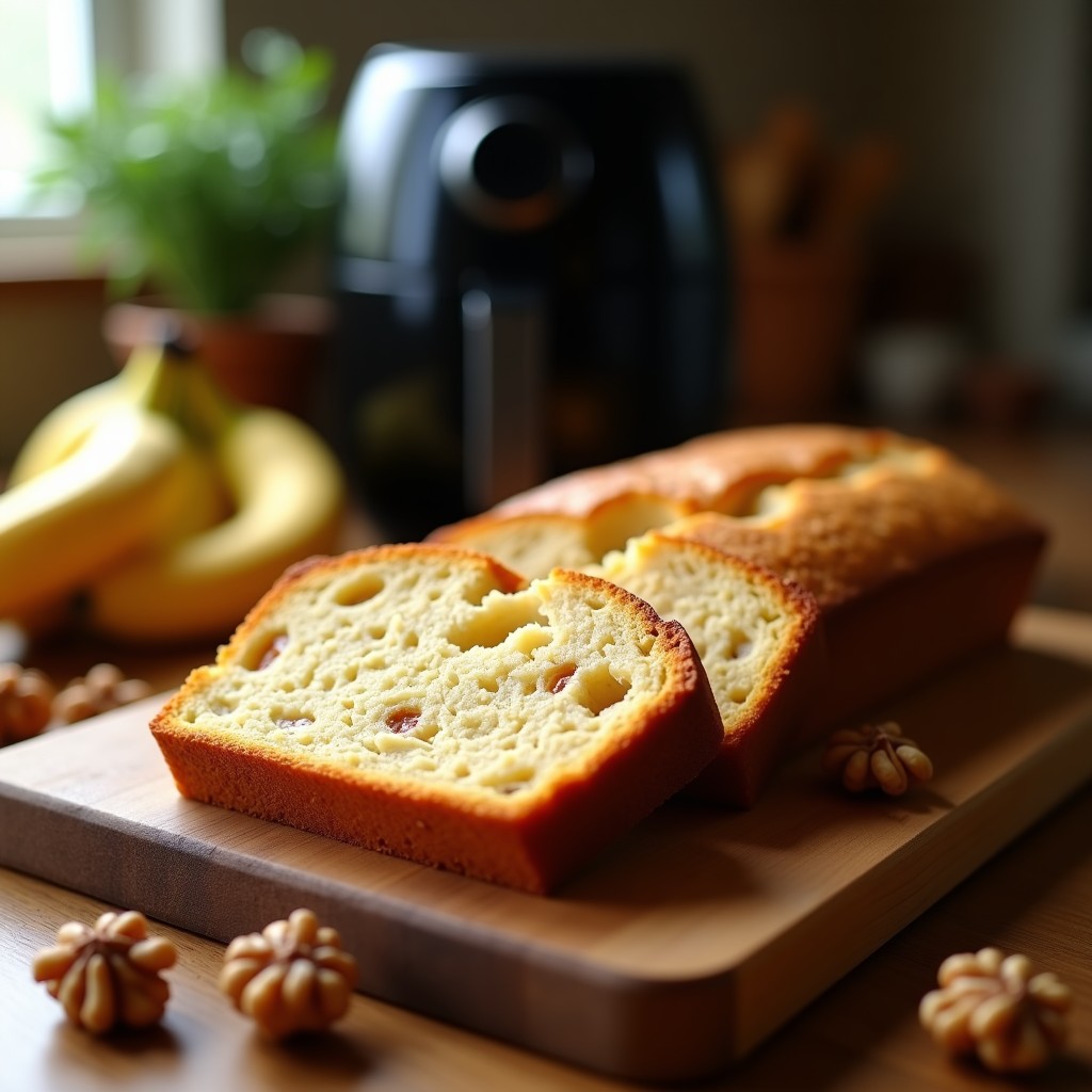 Pan de plátano sin harina horneado en airfryer, dorado y esponjoso, cortado en rebanadas con trozos de nueces visibles, servido en tabla de madera rústica.