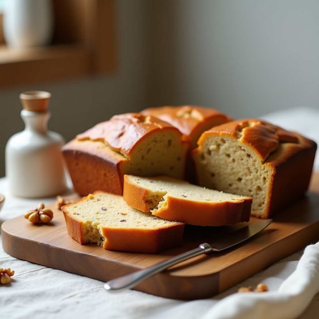 Pan de plátano keto dorado recién horneado, cortado en rebanadas gruesas sobre una tabla de madera rústica, con trozos de nueces visibles en el interior.