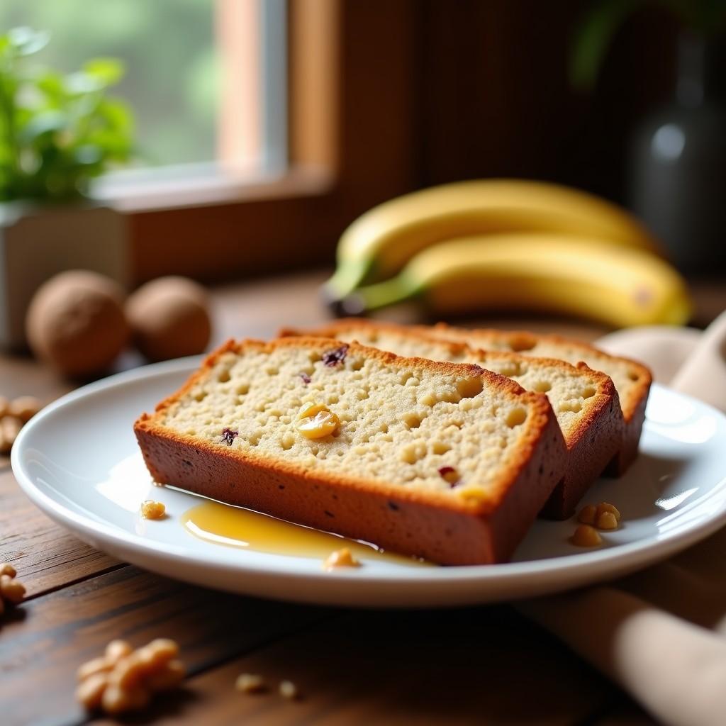 Pan de plátano dorado y esponjoso cortado en rebanadas, con trozos de nueces visibles, servido en un plato blanco sobre una mesa de madera rústica. Receta rápida de microondas sin horno.
