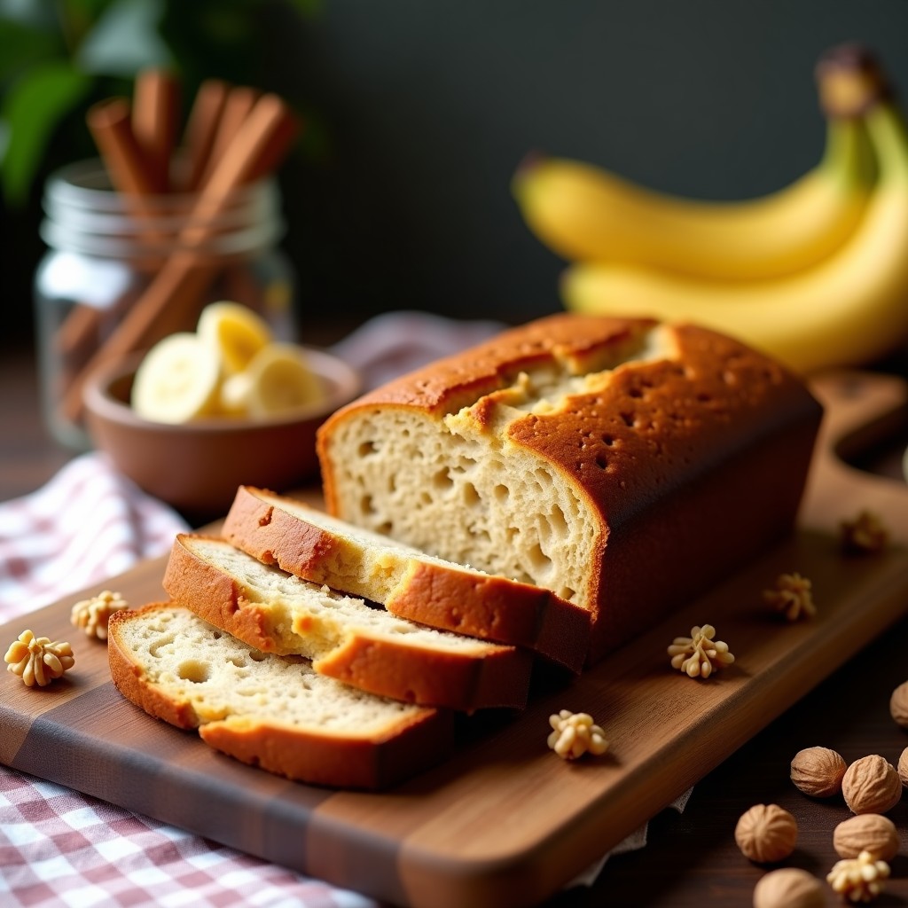 Pan de plátano vegano esponjoso en rodajas sobre tabla de madera, con nueces visibles y textura húmeda, receta sin huevo.