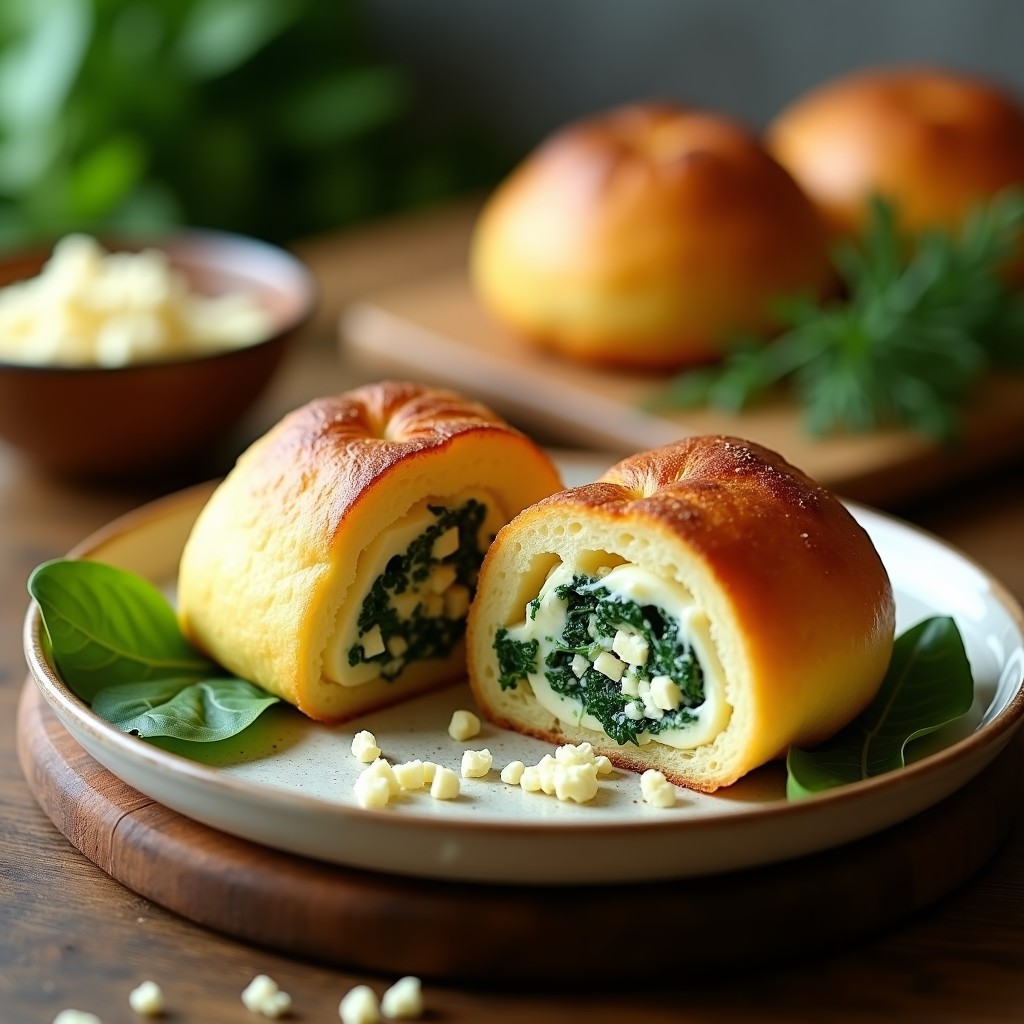 Pan de yuca dorado y esponjoso cortado por la mitad, mostrando su relleno cremoso de queso feta y espinacas verdes. Servido en una tabla de madera rústica con hierbas frescas.