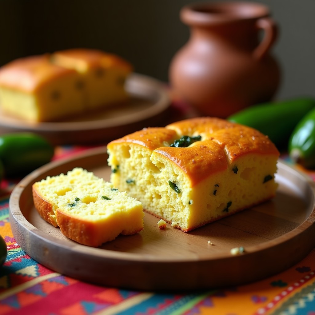 Pan de elote dorado con trozos de chile poblanos asados, textura esponjosa y corteza ligeramente crujiente, servido en una tabla de madera rústica con fondo de cocina mexicana tradicional.
