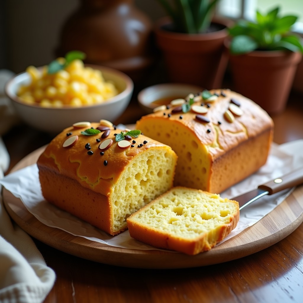 Pan de elote dorado con textura esponjosa, decorado con semillas de amapola y almendras fileteadas, servido en tabla de madera con hilo de miel de agave.