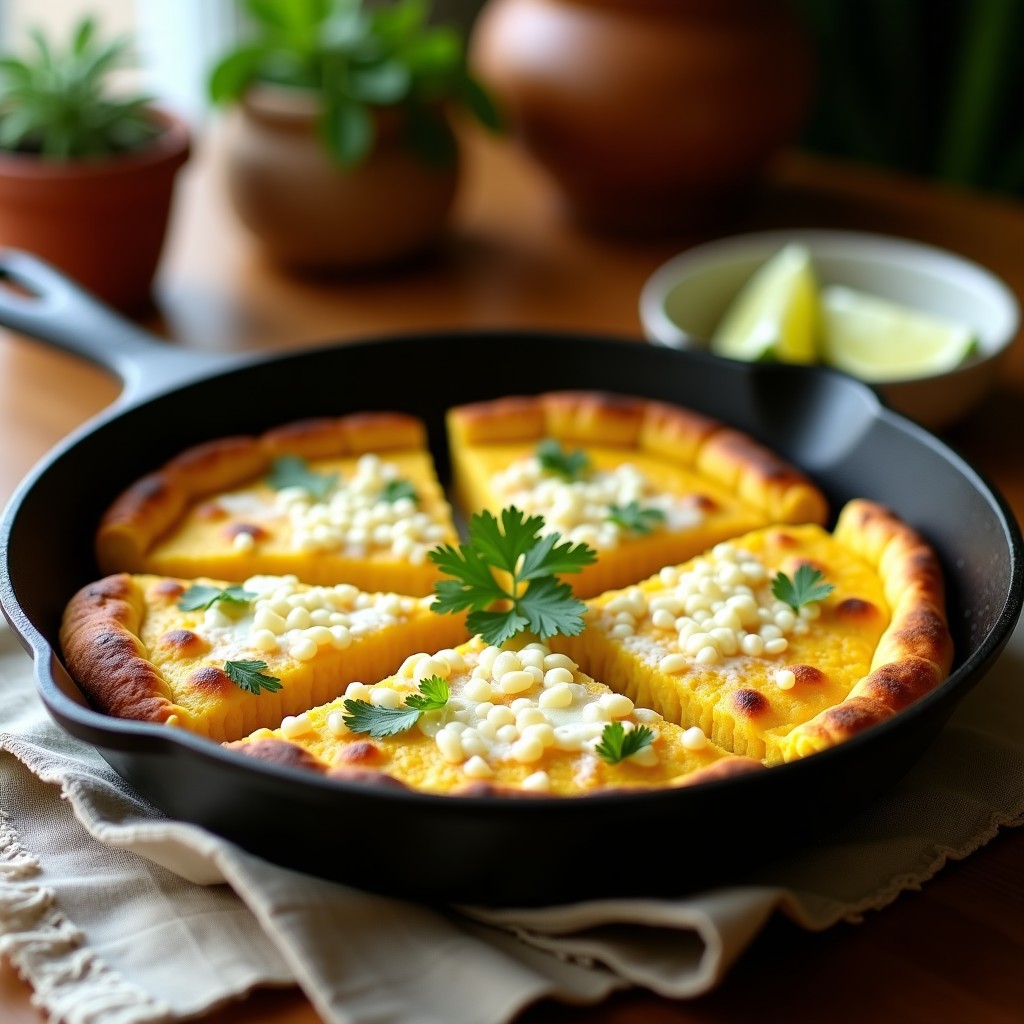 Pan de elote y queso cotija dorados en sartén, con bordes crujientes y queso derretido. Acompañados de perejil fresco y rodajas de limón sobre un mantel rústico de lino.
