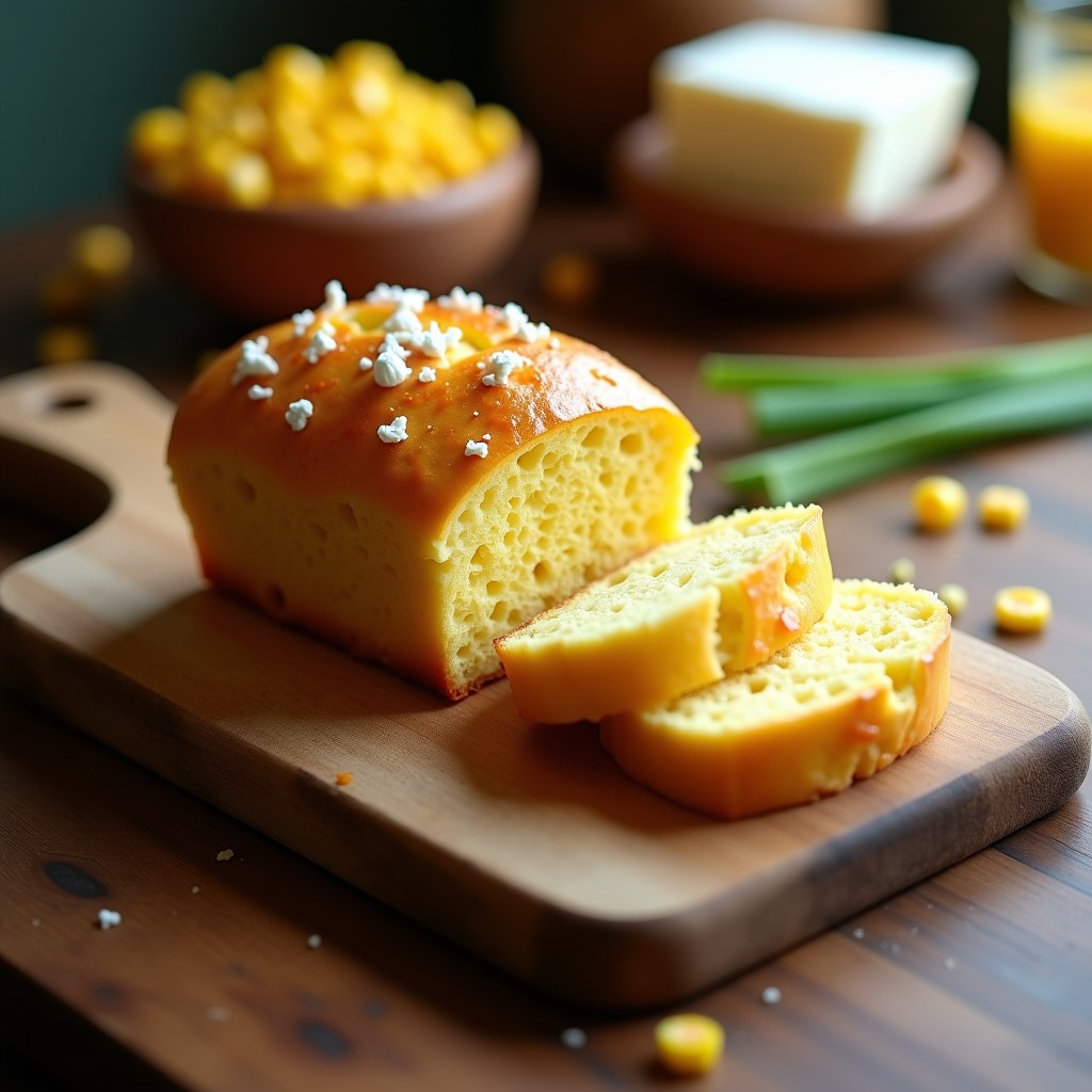 Pan de elote y queso fresco recién horneado en airfryer, dorado por fuera y esponjoso por dentro, con trozos visibles de granos de maíz y queso desmenuzado. Servido en una tabla de madera rústica con una rebanada cortada para mostrar su textura húmeda.