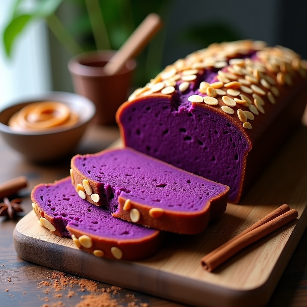 Pan de especias recién horneado con puré de boniato morado, color violeta intenso, textura esponjosa y almendras fileteadas doradas en la superficie, cortado en rebanadas sobre una tabla de madera rústica.