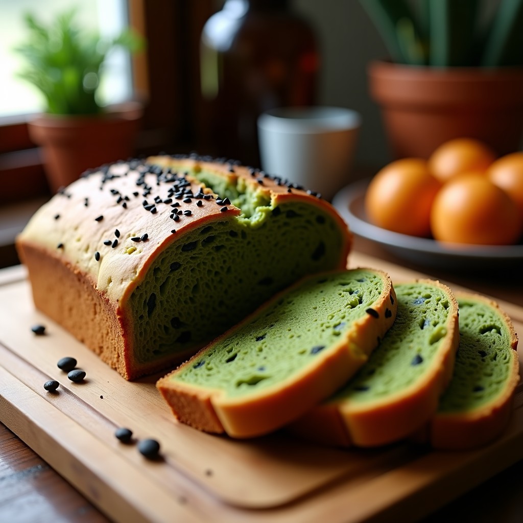 Pan de espinacas y semillas de girasol sin harina, corte transversal mostrando su interior esponjoso de color verde claro con puntos dorados de semillas. Servido sobre una tabla de madera con rebanadas apiladas y semillas de sésamo negro en la superficie.