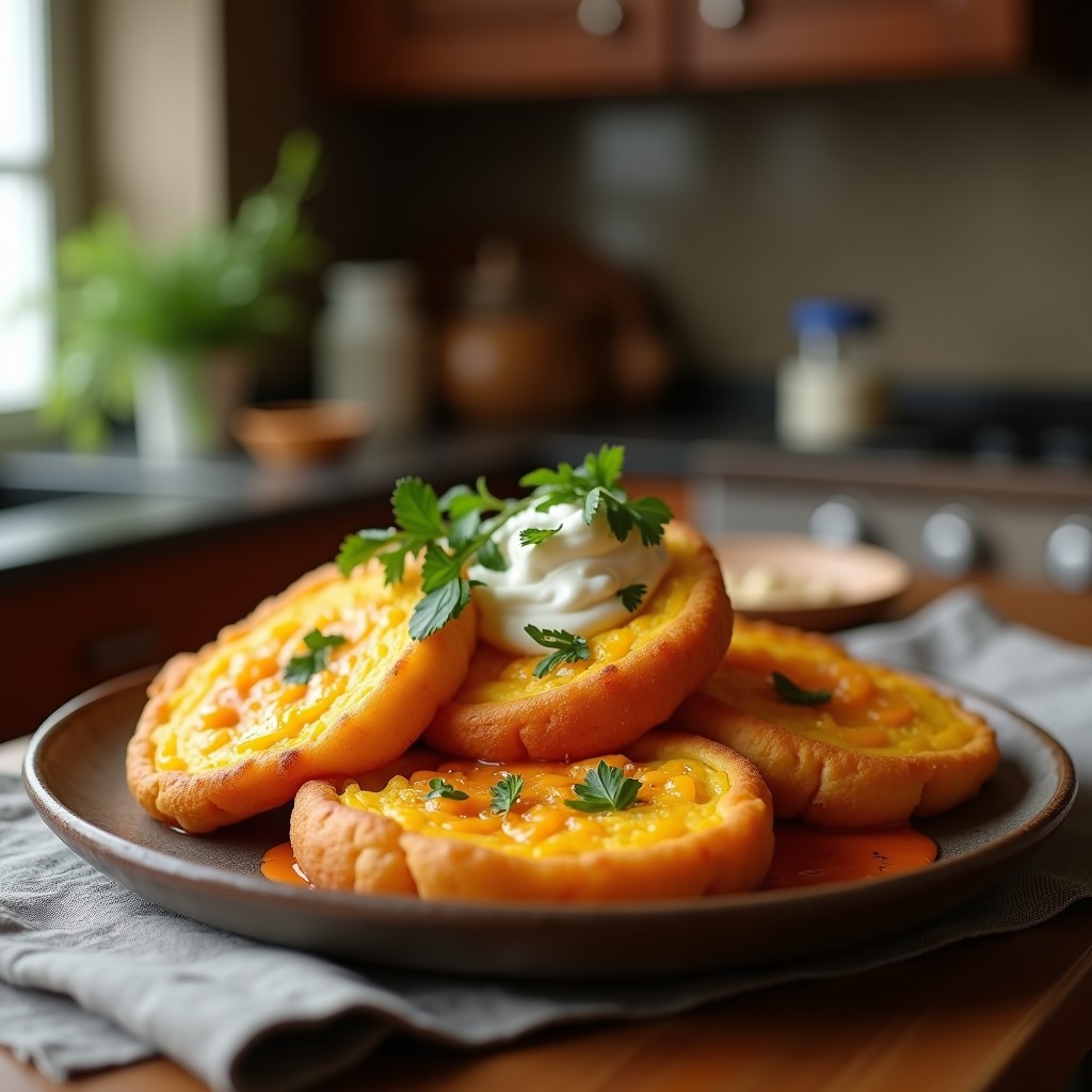 Plato de madera rústico con pan frito dorado relleno de queso brie derretido y higos frescos, decorado con miel de romero, nueces picadas y hojas de menta. Receta de pan frito con brie y higos.