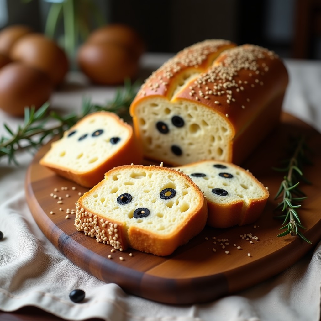 Pan de harina de almendra y aceitunas negras recién horneado, con corteza dorada y semillas de sésamo, cortado en rebanadas gruesas sobre una tabla de madera rústica. Receta sin gluten y baja en carbohidratos en Thermomix.