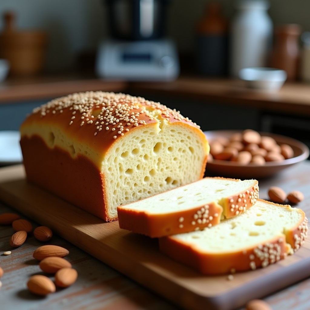Pan de molde keto dorado y ultraesponjoso en molde rectangular, con semillas de sésamo tostadas en la superficie, cortado en rebanadas gruesas sobre una tabla de madera. Receta de pan de harina de almendra en Thermomix.