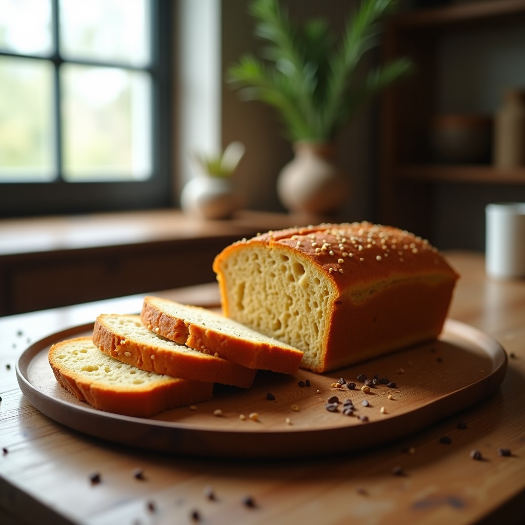 Pan de molde vegano de lentejas rojas y semillas de lino sin horno, cortado en rebanadas doradas sobre una tabla de madera rústica, con semillas de lino espolvoreadas por encima y un fondo de cocina minimalista.