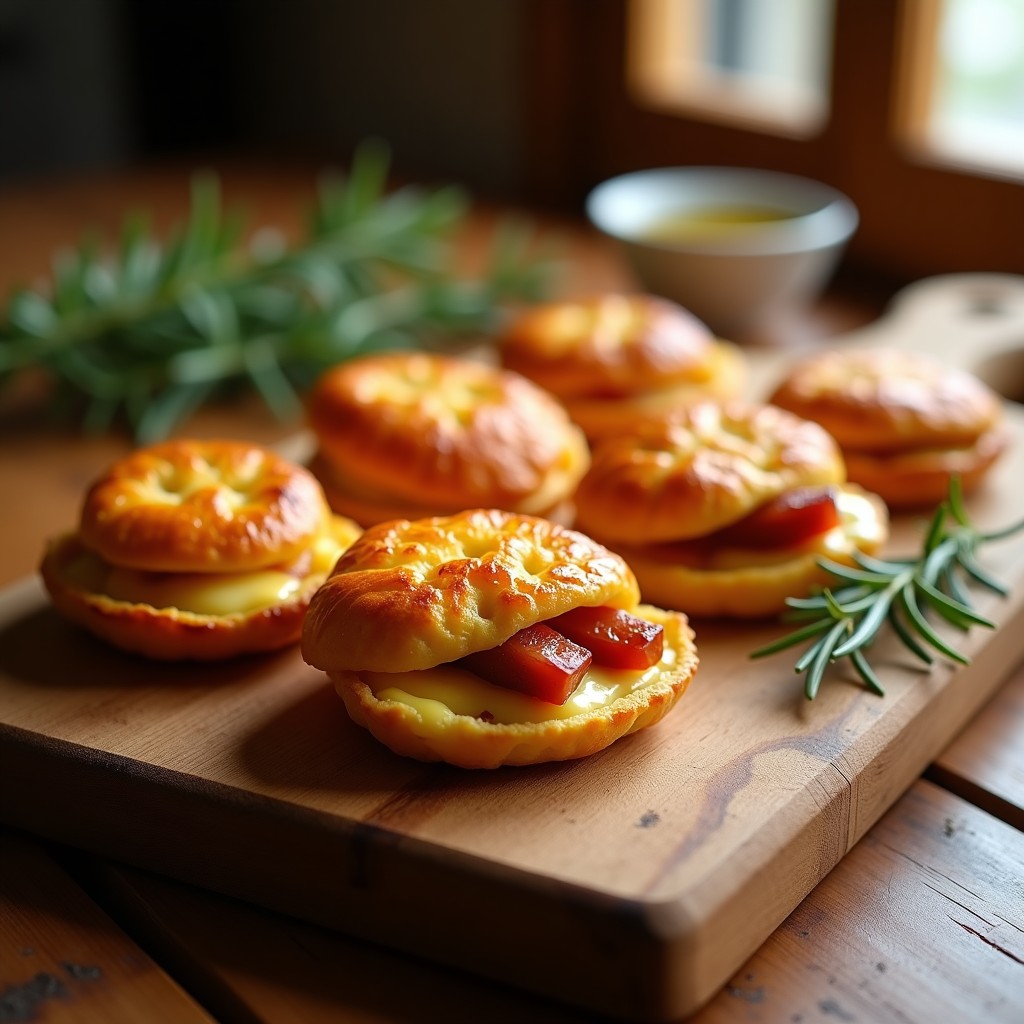 Pan de maíz dorado y crujiente relleno de chorizo ibérico y queso manchego fundido, servido en una tabla de madera rústica con hierbas frescas. Receta española en airfryer.