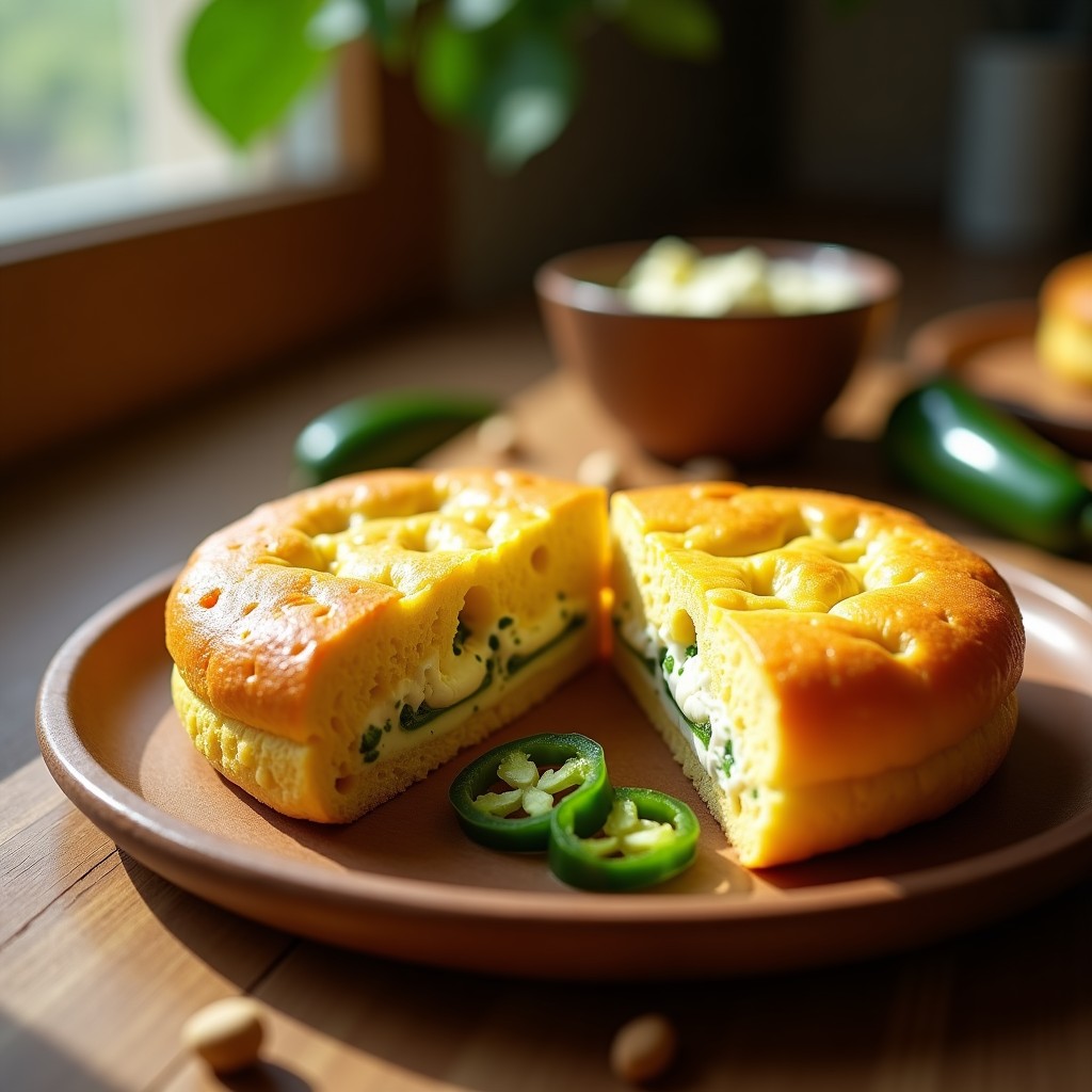 Pan de maíz dorado cortado en rebanadas gruesas con vetas verdes de jalapeños, acompañado de un bol de queso cremoso de anacardos y semillas de jalapeño fresco en un plato rústico de madera, ideal para tupper vegano sin gluten.