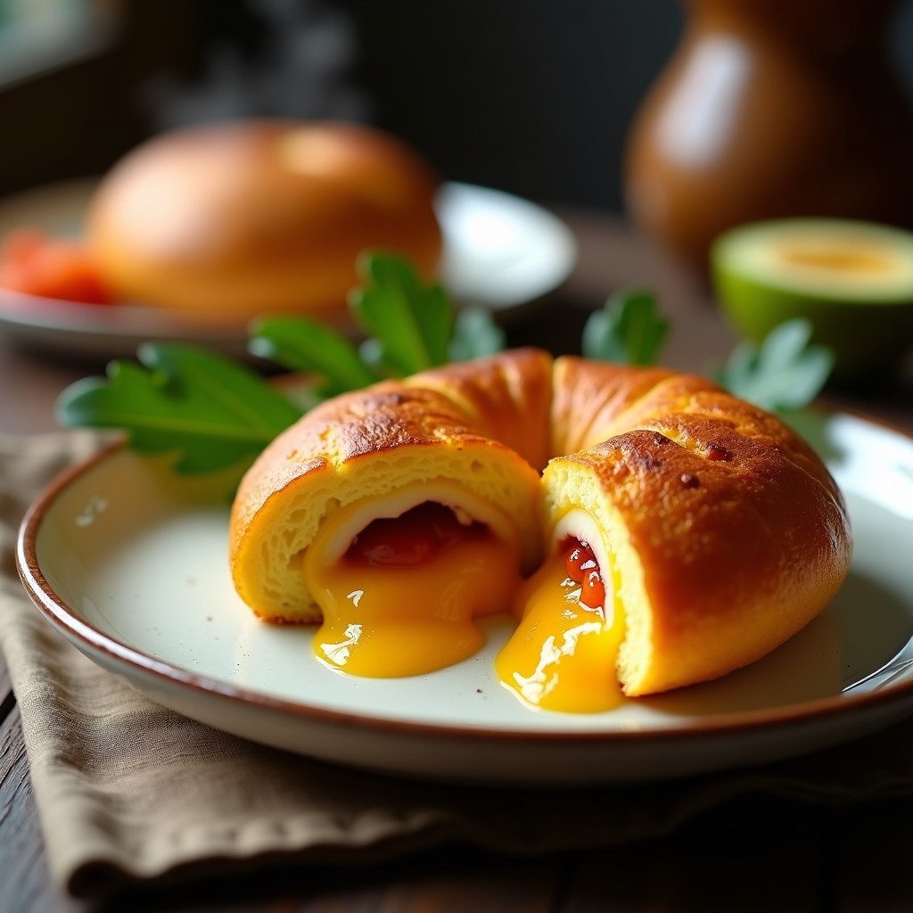 Pan de maíz dorado relleno de queso fresco fundido y mermelada de guayaba, servido en plato rústico con hojas de bijao al lado, receta colombiana en olla exprés.