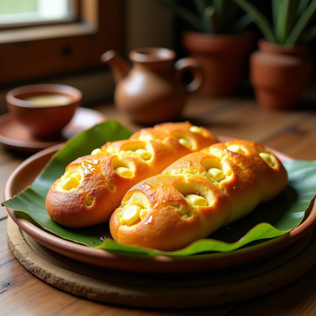 Pan de maíz dorado en airfryer con trozos de queso fresco derretido y un hilo de miel de agave brillando, servido en plato rústico de barro con fondo de tela de lino.