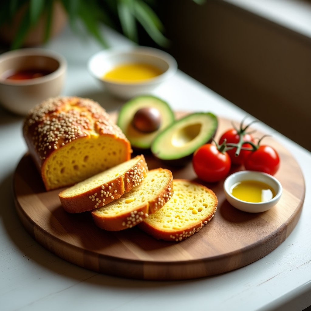 Pan de maíz y semillas de lino con aceite de oliva, receta sin gluten y sin harina, servido en tabla de madera rústica con rodajas tostadas y semillas visibles en la superficie.