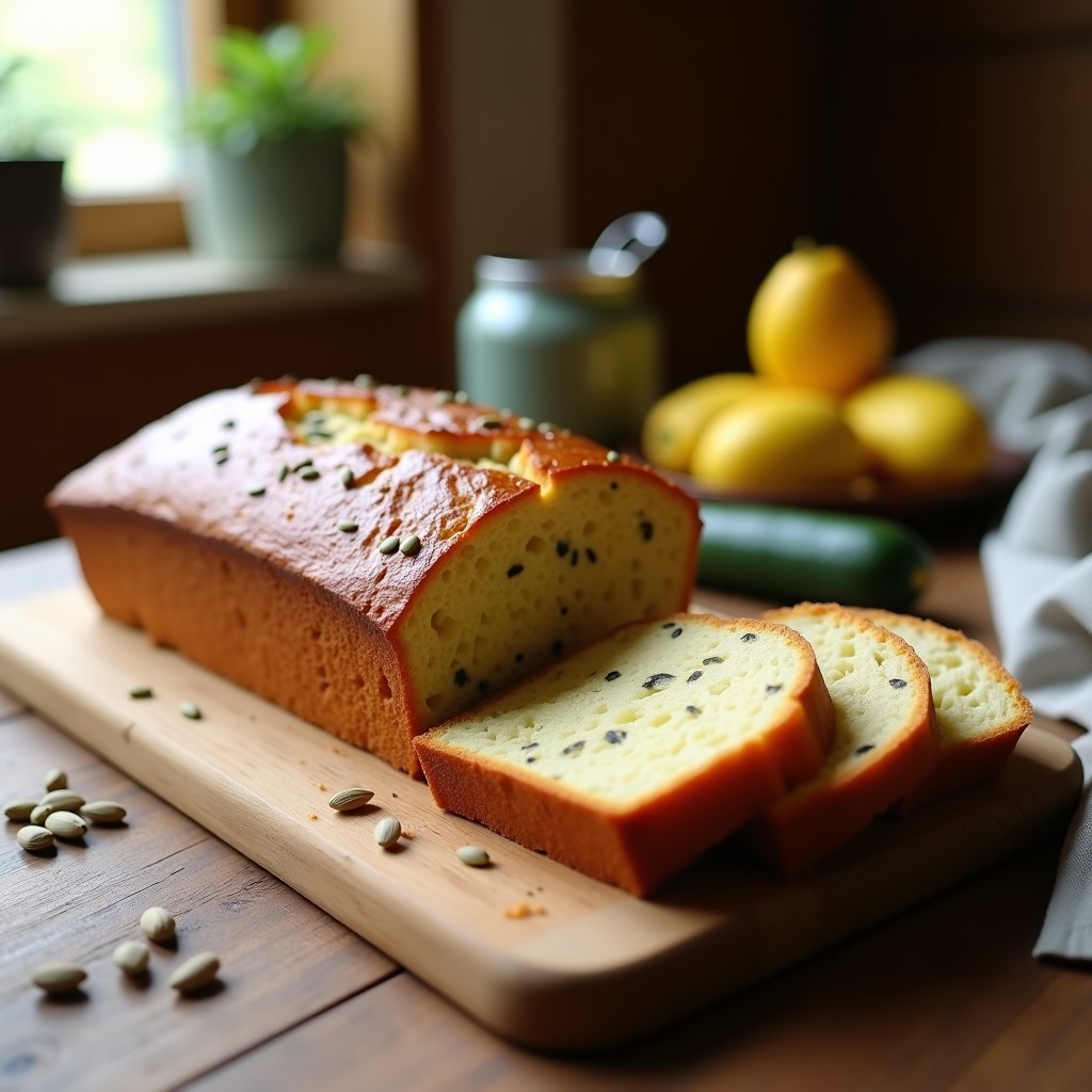 Pan de molde dorado y esponjoso de calabacín y semillas de lino keto sin harina, cortado en rebanadas sobre una tabla de madera rústica, con tostadas crujientes y semillas de sésamo visibles en la superficie.