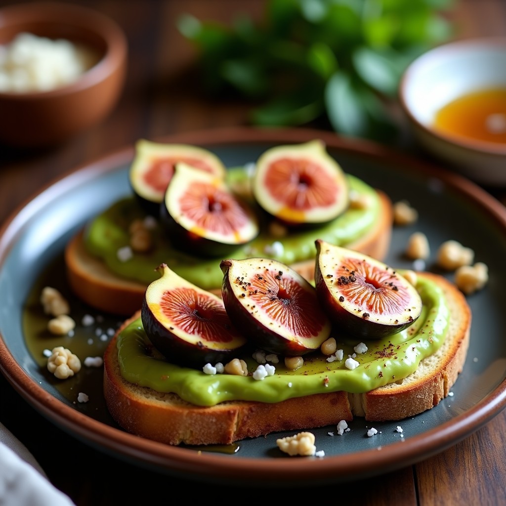 Tostada de pan de mollete dorado con crema de aguacate verde, higos asados caramelizados con miel, queso de cabra desmenuzado y nueces picadas, servida en plato rústico de barro con fondo de madera oscura.