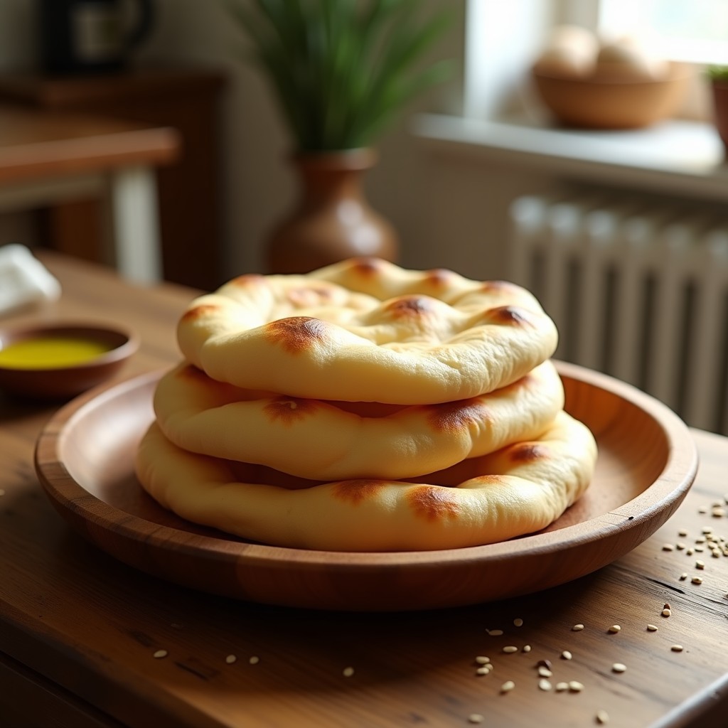 Pan pita casero dorado y esponjoso apilado en un plato de madera, con textura inflada y manchas tostadas, receta sin horno en sartén.