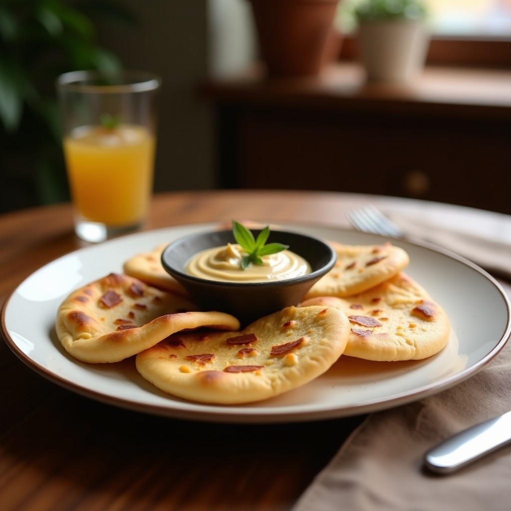 Plato hondo de barro con hummus de berenjena ahumada cremoso, decorado con perejil fresco, pimentón ahumado y aceite de oliva. Acompañado de pan pita integral tostado y crujiente, cortado en triángulos. Receta alta en fibra y vegana.