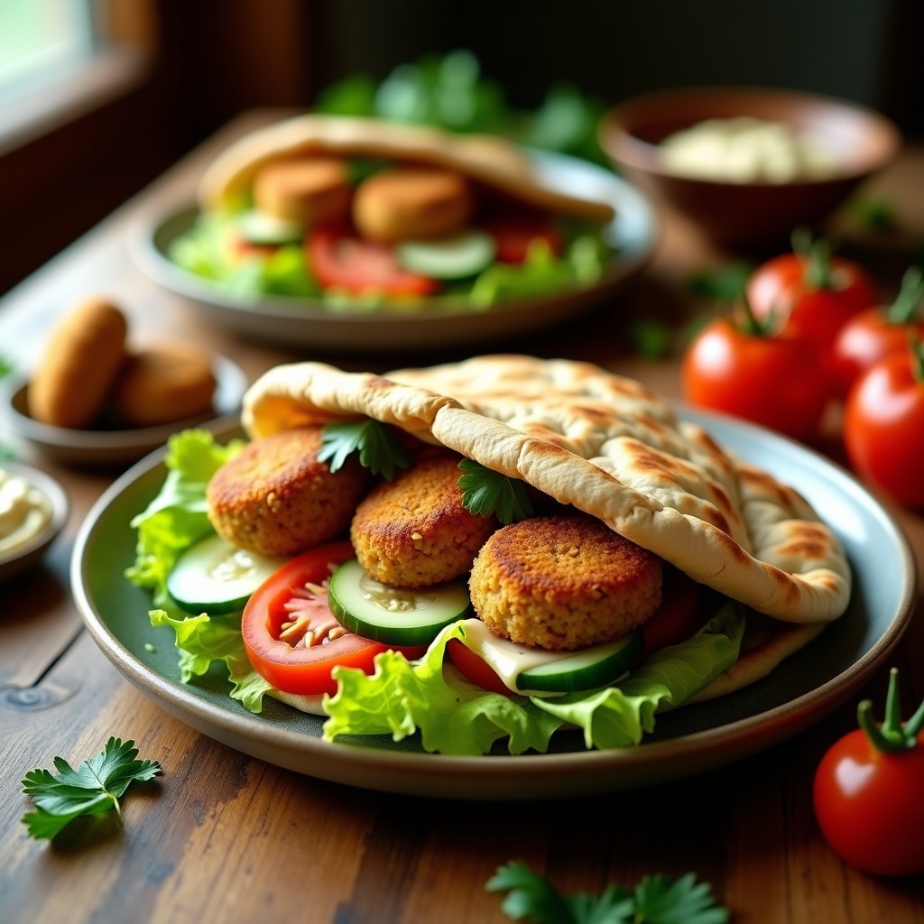 Pan pita integral abierto relleno de falafel dorado y ahumado, hummus cremoso, lechuga fresca, tomate y pepino en rodajas, bañado con salsa de tahini. Receta de pan pita con falafel ahumado.