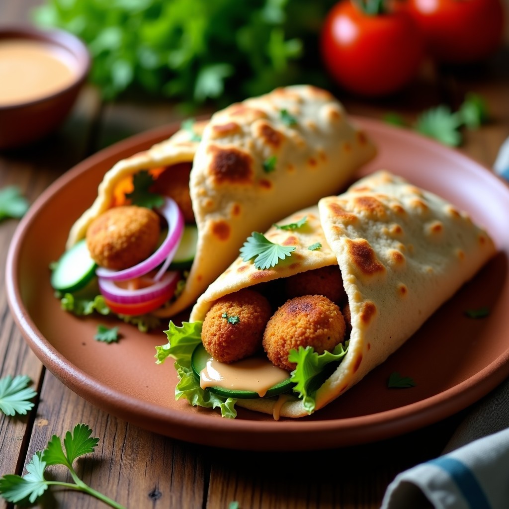 Pan pita relleno de falafel dorado y crujiente, vegetales frescos y salsa de tahini cremosa, servido en un plato de barro rústico.