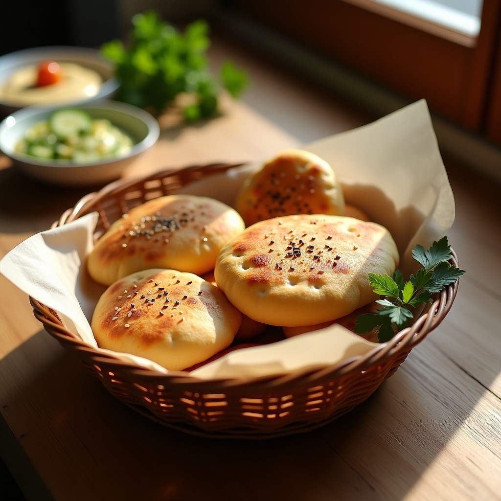 Pan pita vegano sin gluten dorado y esponjoso, espolvoreado con semillas de sésamo, servido en una cesta de mimbre junto a un bol de hummus y rodajas de pepino.