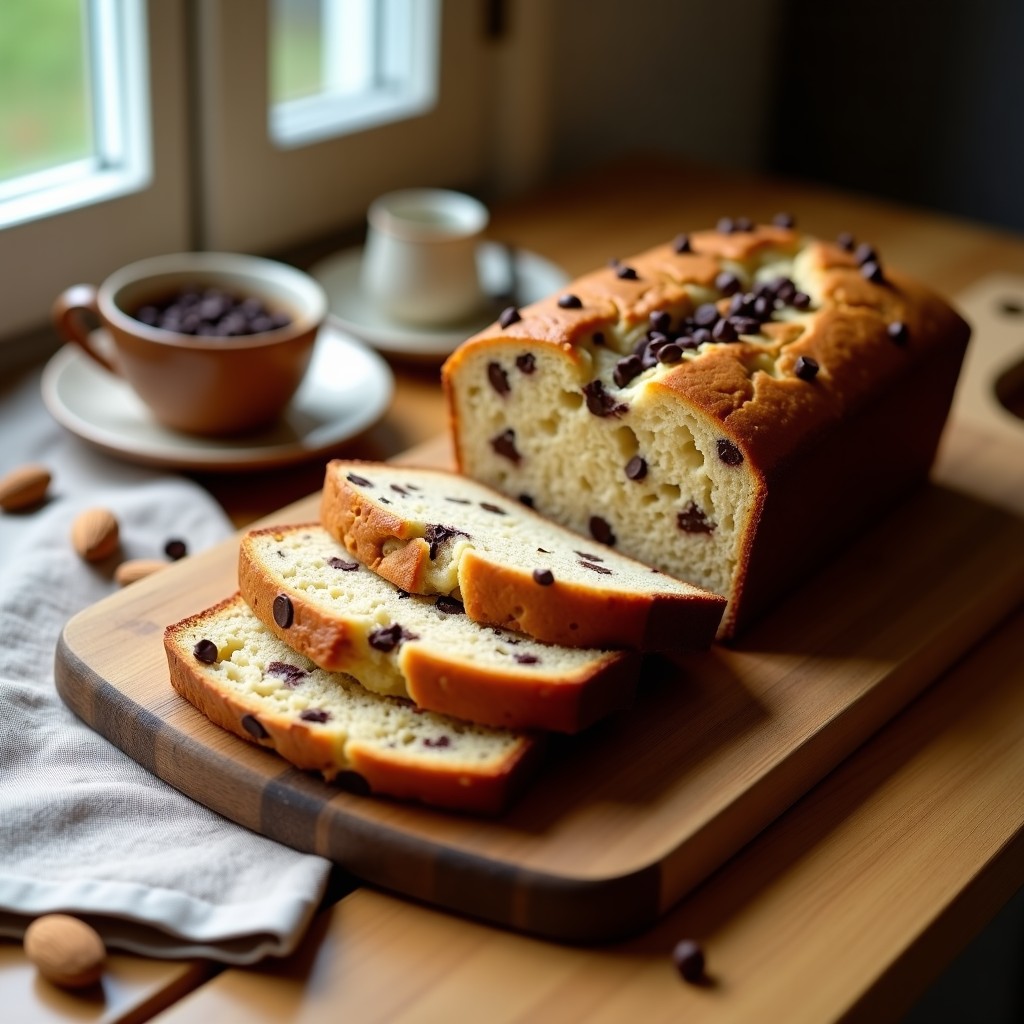 Pan de plátano y almendras con chips de chocolate negro en rodajas gruesas sobre tabla de madera rústica, mostrando su miga húmeda y dorada con trozos de chocolate negro brillantes. Fondos borrosos de almendras enteras y un plátano maduro.