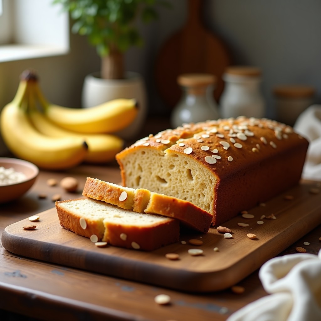 Pan de plátano y almendras keto sin harina, dorado y esponjoso, cortado en rebanadas sobre una tabla de madera rústica con nueces y semillas de chía esparcidas. Receta sin azúcar y alta en fibra.