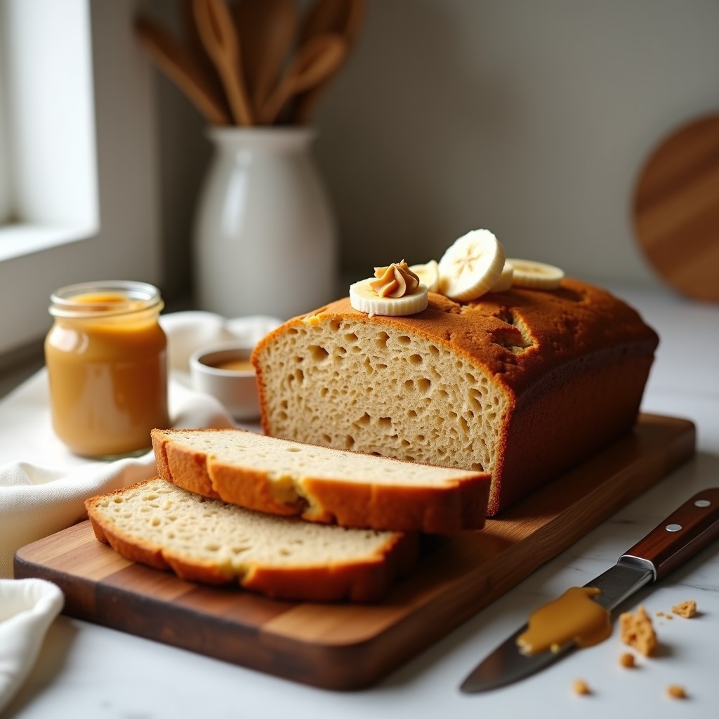 Pan de plátano dorado rebanado sobre tabla de madera, con trozos de cacahuete y semillas de lino visibles en la miga. Acompañado de crema de cacahuete y rodajas de plátano fresco. Receta sin harina y alta en fibra.