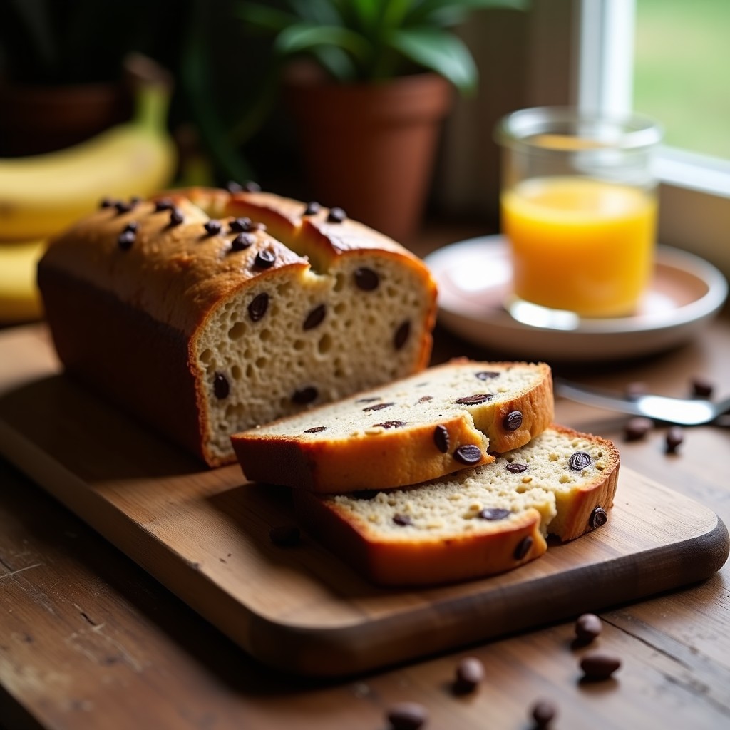 Pan de plátano y cacao nibs recién horneado, cortado en rebanadas gruesas sobre una tabla de madera rústica. Se aprecian trozos de cacao nibs y nueces en su interior, con una textura húmeda y dorada. Ideal para desayunos sin gluten y energéticos.