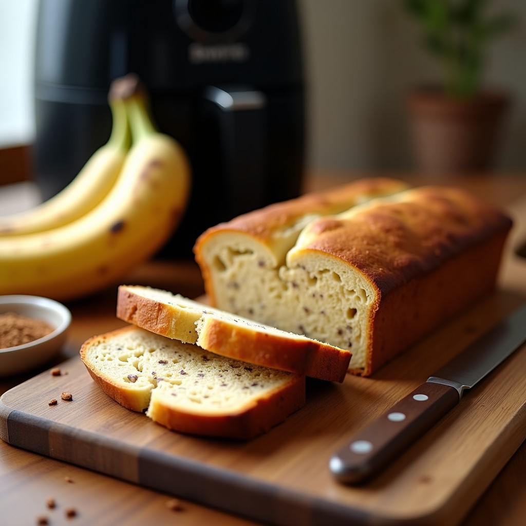 Pan de plátano keto dorado y esponjoso con semillas de chía y canela, cortado en rebanadas gruesas sobre una tabla de madera rústica, acompañado de un cuchillo de sierra y un plátano maduro de fondo. Receta sin horno en airfryer.