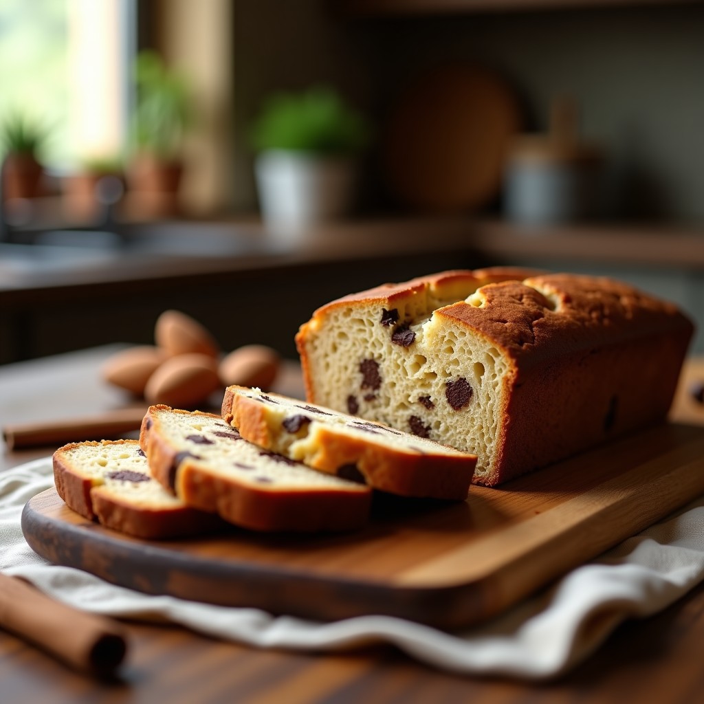Pan de plátano dorado y esponjoso con vetas de canela y chips de chocolate negro derretido en la superficie, cortado en rebanadas sobre una tabla de madera rústica. Receta sin harina y sin azúcar.