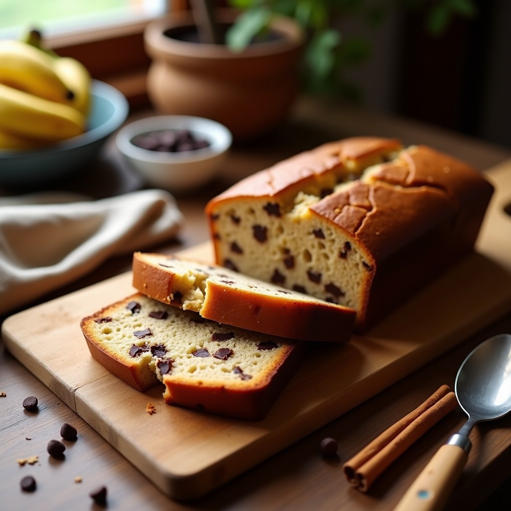 Pan de plátano y canela con chips de chocolate 85% recién horneado, cortado en rebanadas gruesas sobre una tabla de madera rústica. Se aprecian trozos de nueces y chocolate derretido en su interior, con un fondo de canela espolvoreada y plátanos maduros.