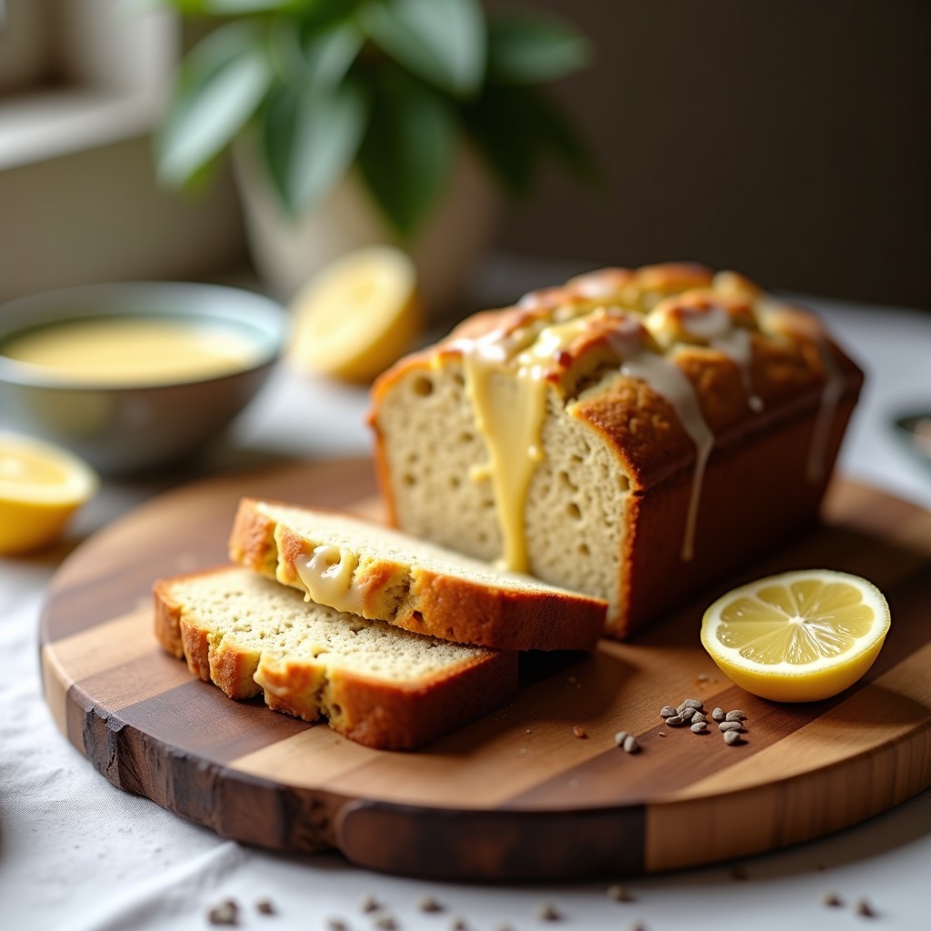 Pan de plátano dorado con textura húmeda y glacé de limón brillante, decorado con semillas de chía y ralladura de limón, servido en rodajas sobre un plato de madera rústica. Receta sin gluten en olla lenta.