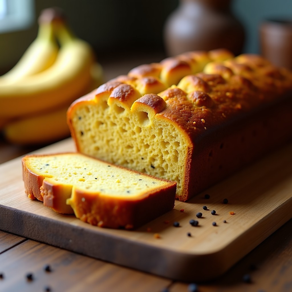 Pan de plátano y cúrcuma sin harina con semillas de amapola, corte en rebanadas mostrando su interior esponjoso y dorado, sobre una tabla de madera rústica con un fondo difuminado.
