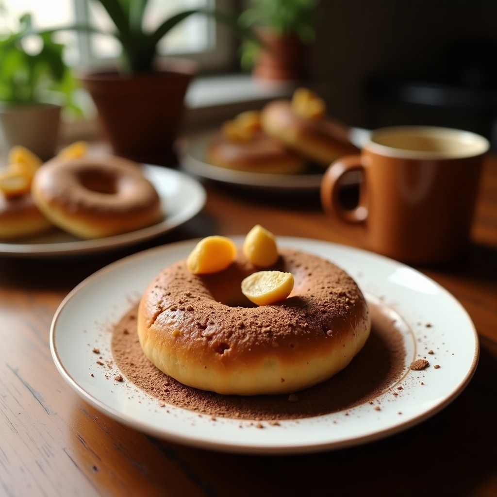 Pan de plátano macho y cacao con chips de macadamia recién horneado, corte en rebanadas mostrando su interior húmedo y esponjoso, con trozos visibles de chips de macadamia dorados en la superficie, sobre una tabla de madera rústica con fondo borroso.