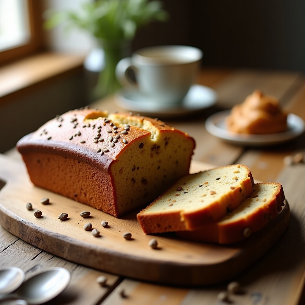Pan de plátano macho y semillas de cáñamo recién horneado, dorado y esponjoso, cortado en rebanadas sobre una tabla de madera rústica. Se aprecian las semillas de cáñamo en la superficie y el interior húmedo. Desayuno sin gluten y vegano, alto en proteína y fibra.
