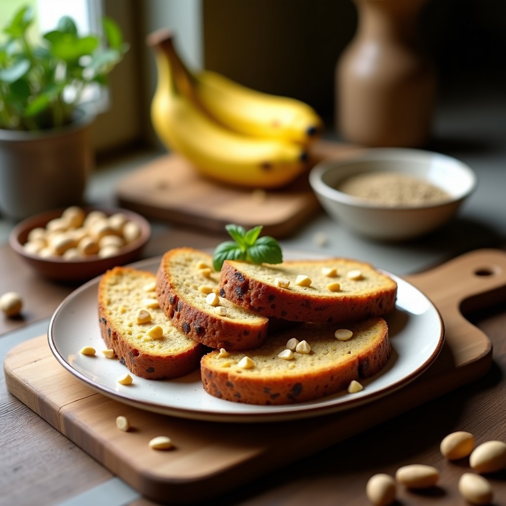 Pan de plátano macho y semillas de cáñamo sin horno cortado en rebanadas, con textura esponjosa y semillas de cáñamo y nueces picadas visibles en la superficie. Servido sobre una tabla de madera rústica con un fondo claro y decorado con rodajas de plátano macho fresco.
