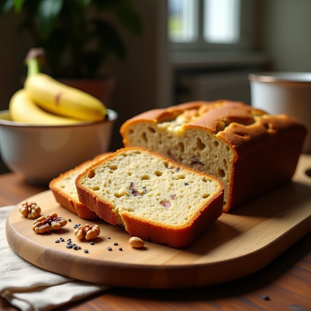 Pan de plátano macho y harina de almendra sin gluten recién horneado, dorado y esponjoso, cortado en rebanadas gruesas sobre una tabla de madera rústica, con nueces picadas visibles en el interior y un fondo de ingredientes como plátanos macho maduros, harina de almendra y semillas de chía.